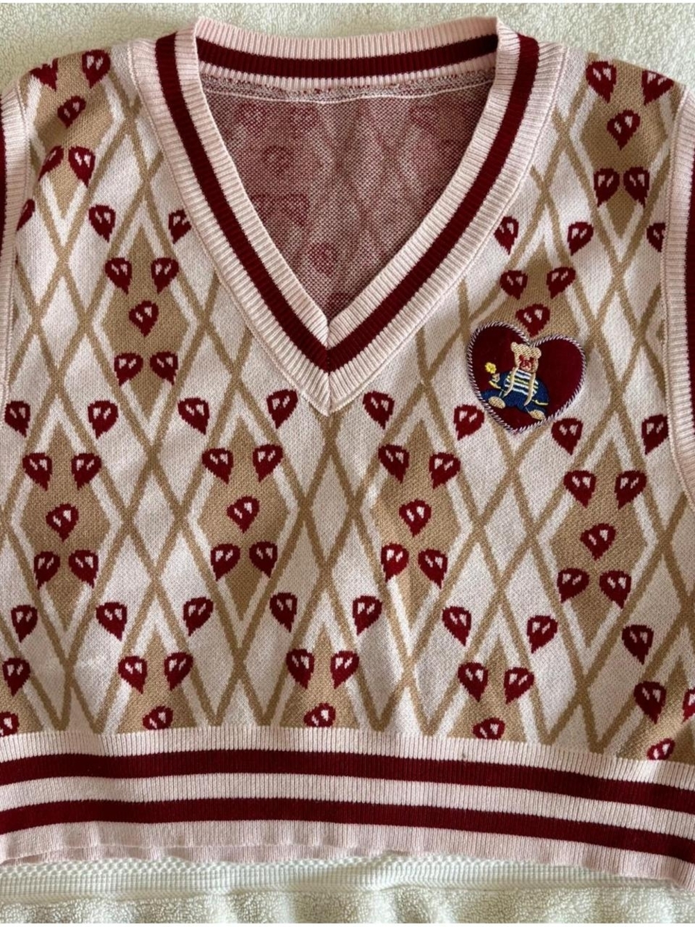 Pink and Beige Heart Argyle V-Neck Sweater Vest